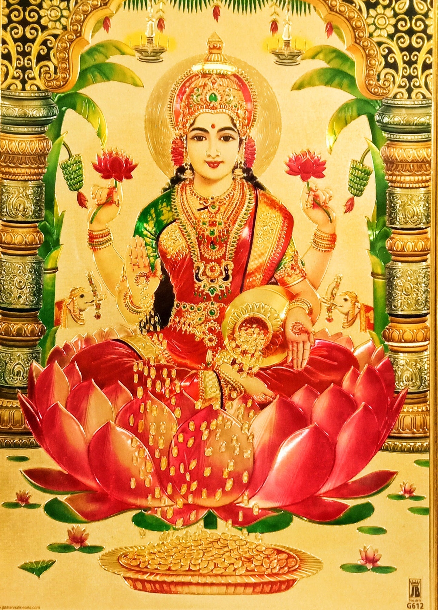 Laxmi Devi Red Saree Golden Photo Frame for your Pooja Ghar / Office / Temple (10 Inches * 12.5 Inches)