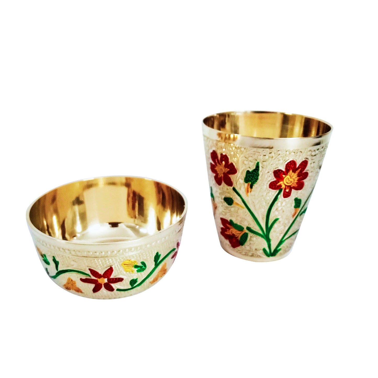 Brass Hand Made Meenakari Handwork Pooja Glass and Katori (Bowl) set for Pooja / Gifting