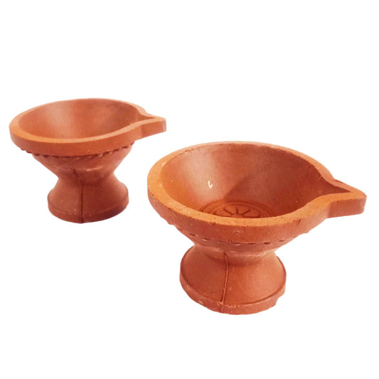 Mud Diya with Stand for Pooja at your Home / Office / Temple - Pack of 2