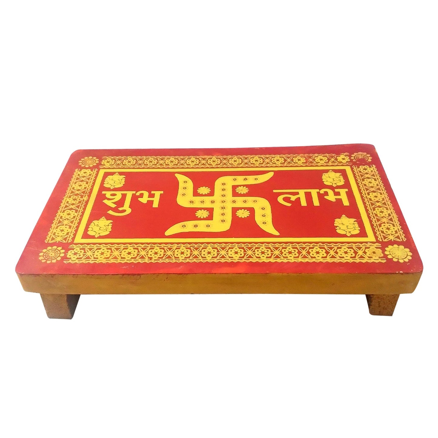 Wooden Peeta with Swastik and Shubh Labh for your Pooja Ghar