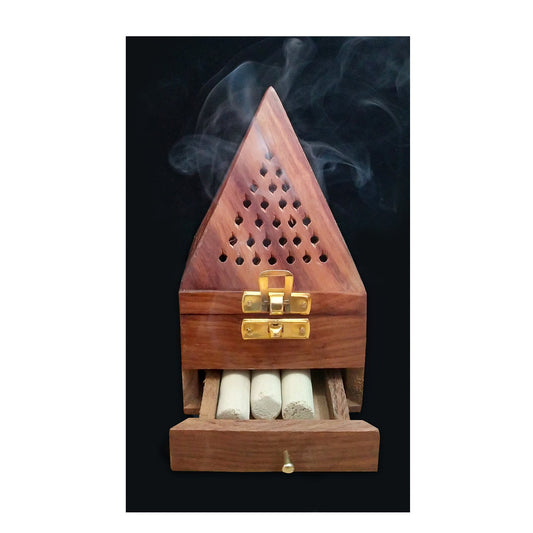 Handicraft Handmade Wooden Dhoop Holder / Wooden Pyramid Dhoop Box (3 Inches * 6 Inches)