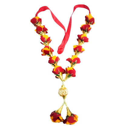 Artificial red and yellow flower mala with pearls for pooja and temple decoration – 22 inches