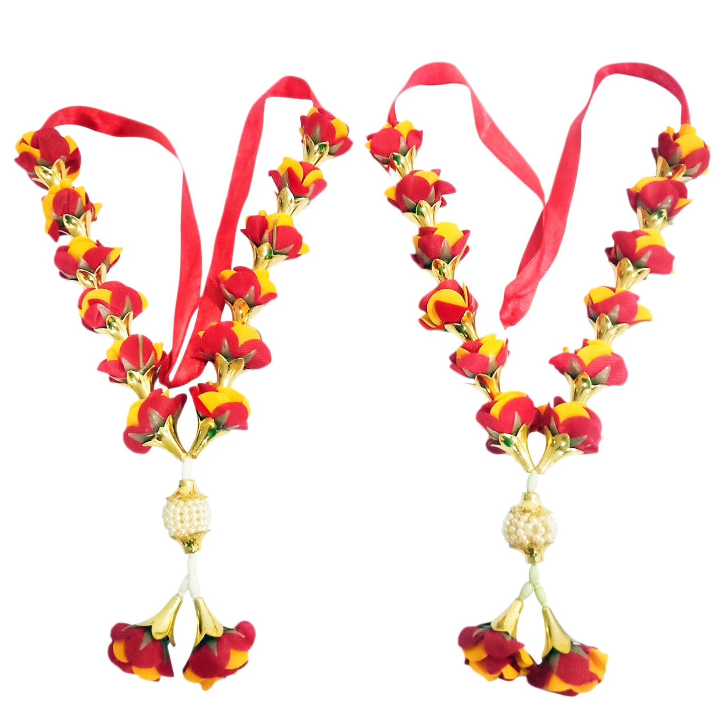 Flower Mala Red Yellow Artificial Flowers Mala with Pearl - 22 Inches