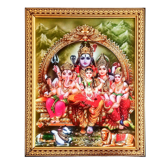 Lord Shiva Pariwar (Shiv Shankar, Maa Parvati, Ganesh, Karthik, Bala Tripura Sundari Devi) Photo Frame for Temple Home Office (10 Inches x12.5 Inches)