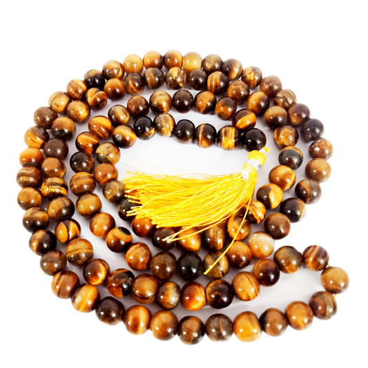 Jaap Mala Tiger Eye Genstone Jaap Mala with free Gaumukhi Jaap Bag - 8 mm beads