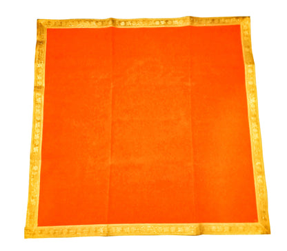 Orange Velvet Chowki Aasan Placed in Pooja Room for Idol Placement During Hindu Rituals and Puja