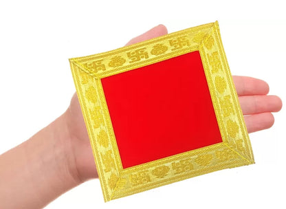 Red Velvet Pooja Aasan with Golden Zari Border for Mandir and Pooja Ghar (14 Inches x 14 Inches)
